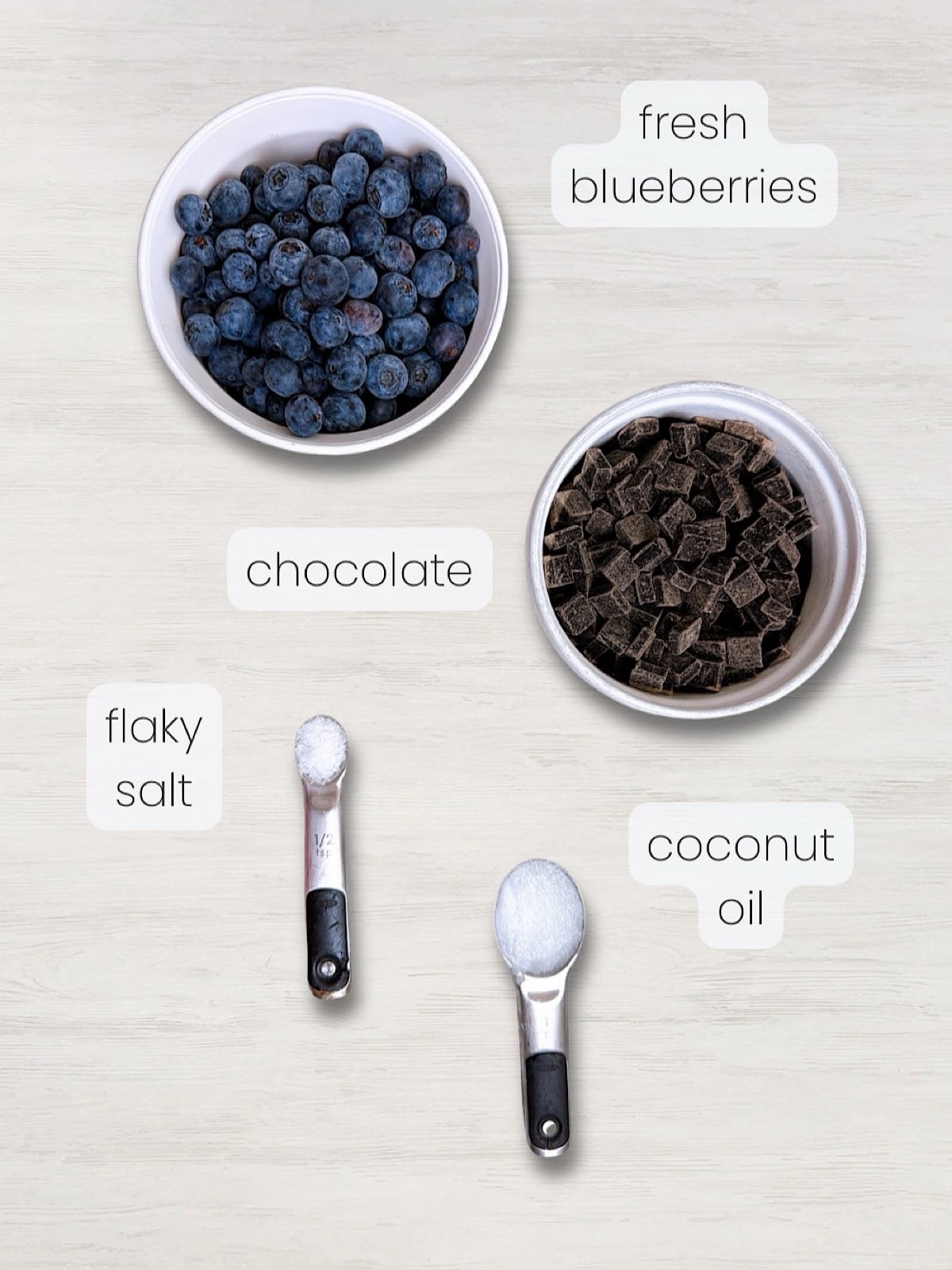 A labeled image of everything needed to make frozen chocolate covered blueberry clusters.