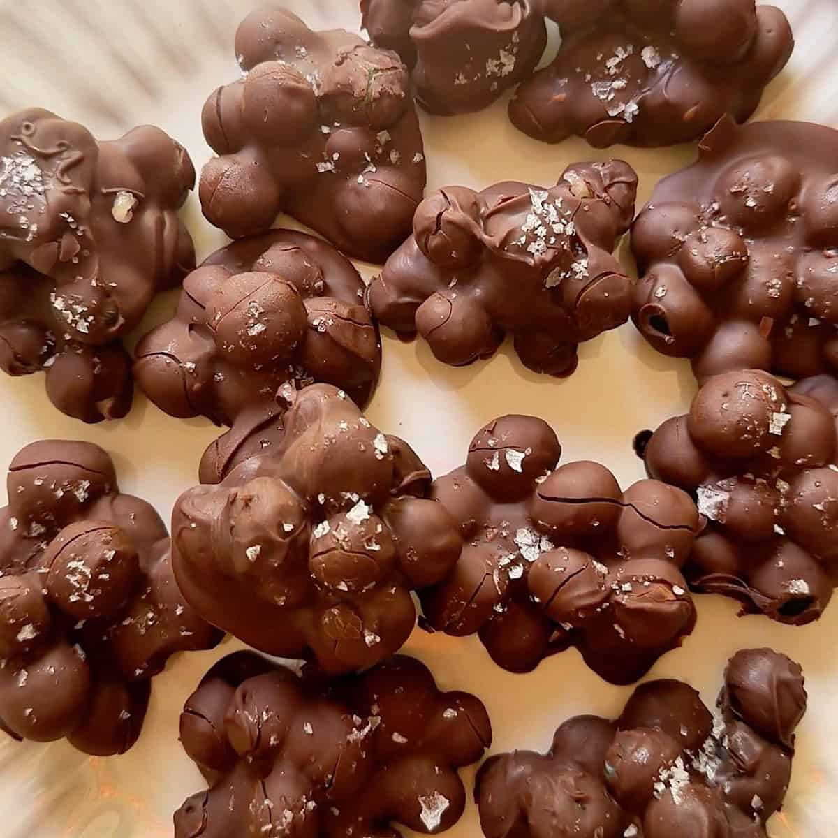 A plate full of frozen chocolate covered blueberries ready to serve.