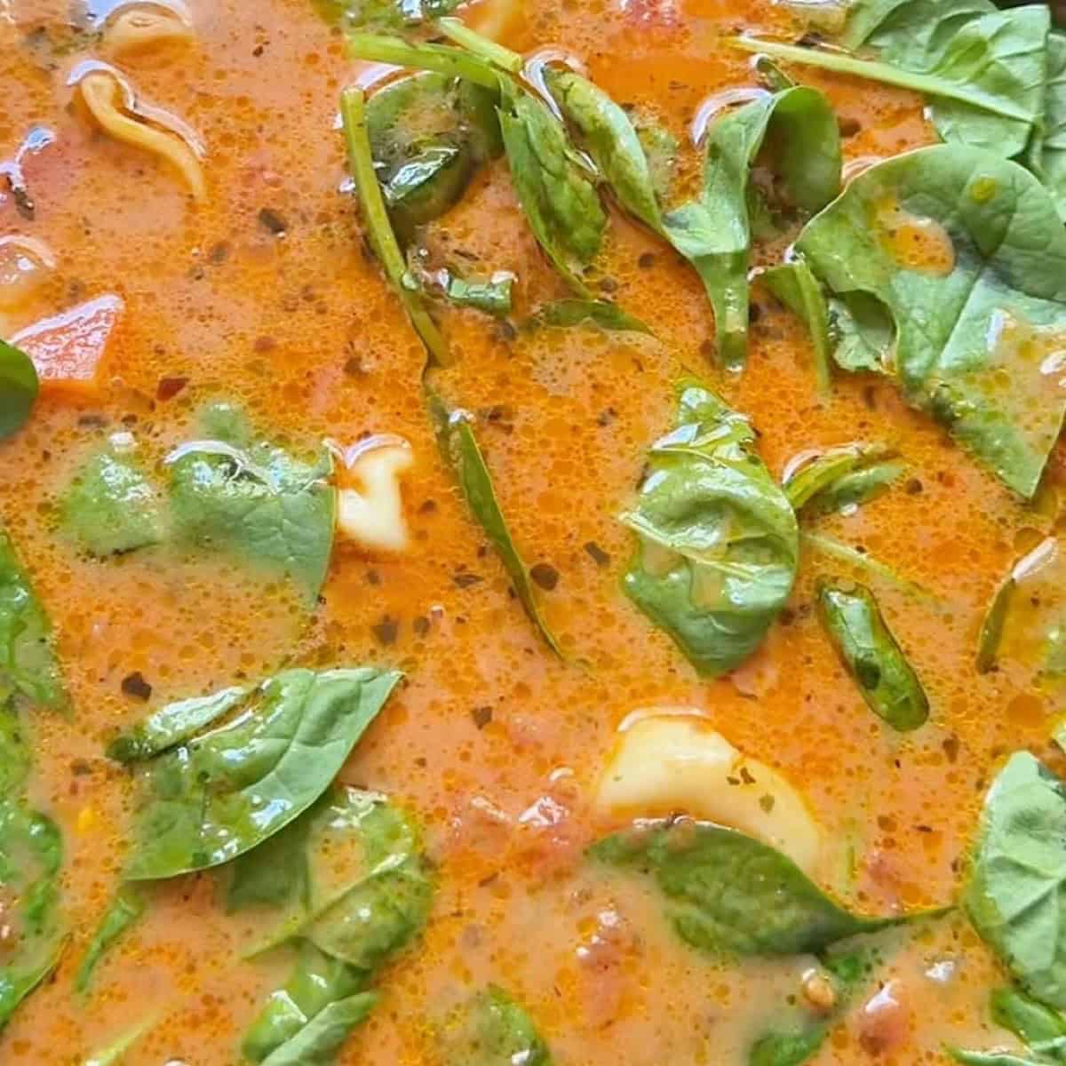 Wilting the spinach and adding parmesan flakes to the creamy soup.