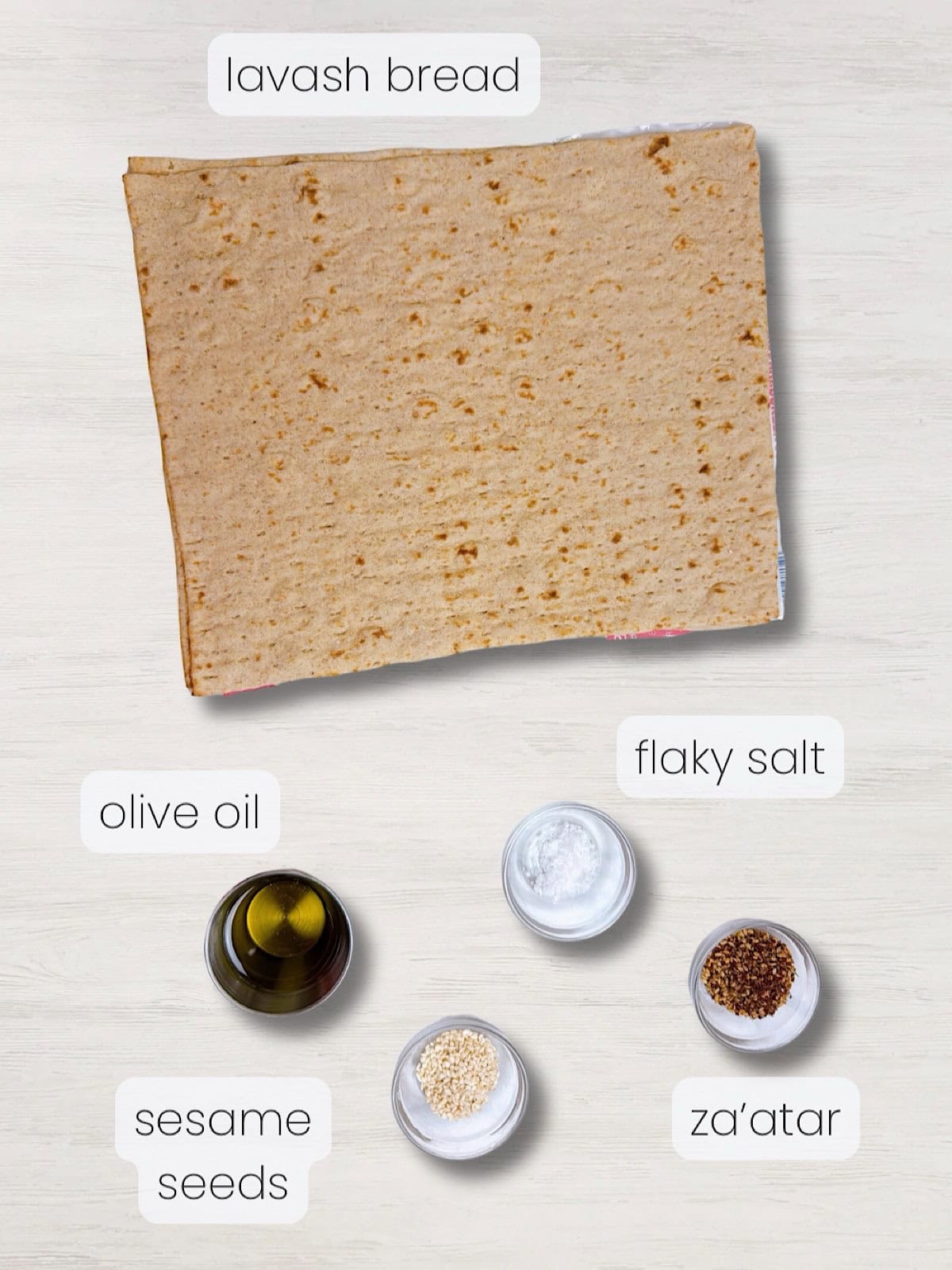 A labeled ingredient shot of everything needed to make crispy lavash crackers.
