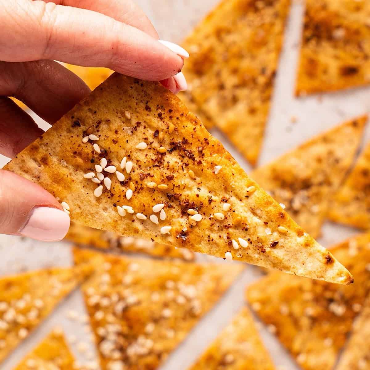 Holding a crispy seasoned lavash cracker.
