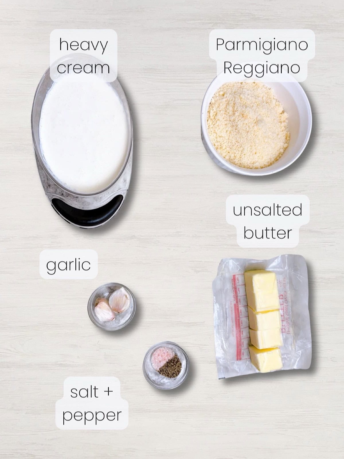A labeled image of everything needed to make homemade alfredo sauce with heavy whipping cream.