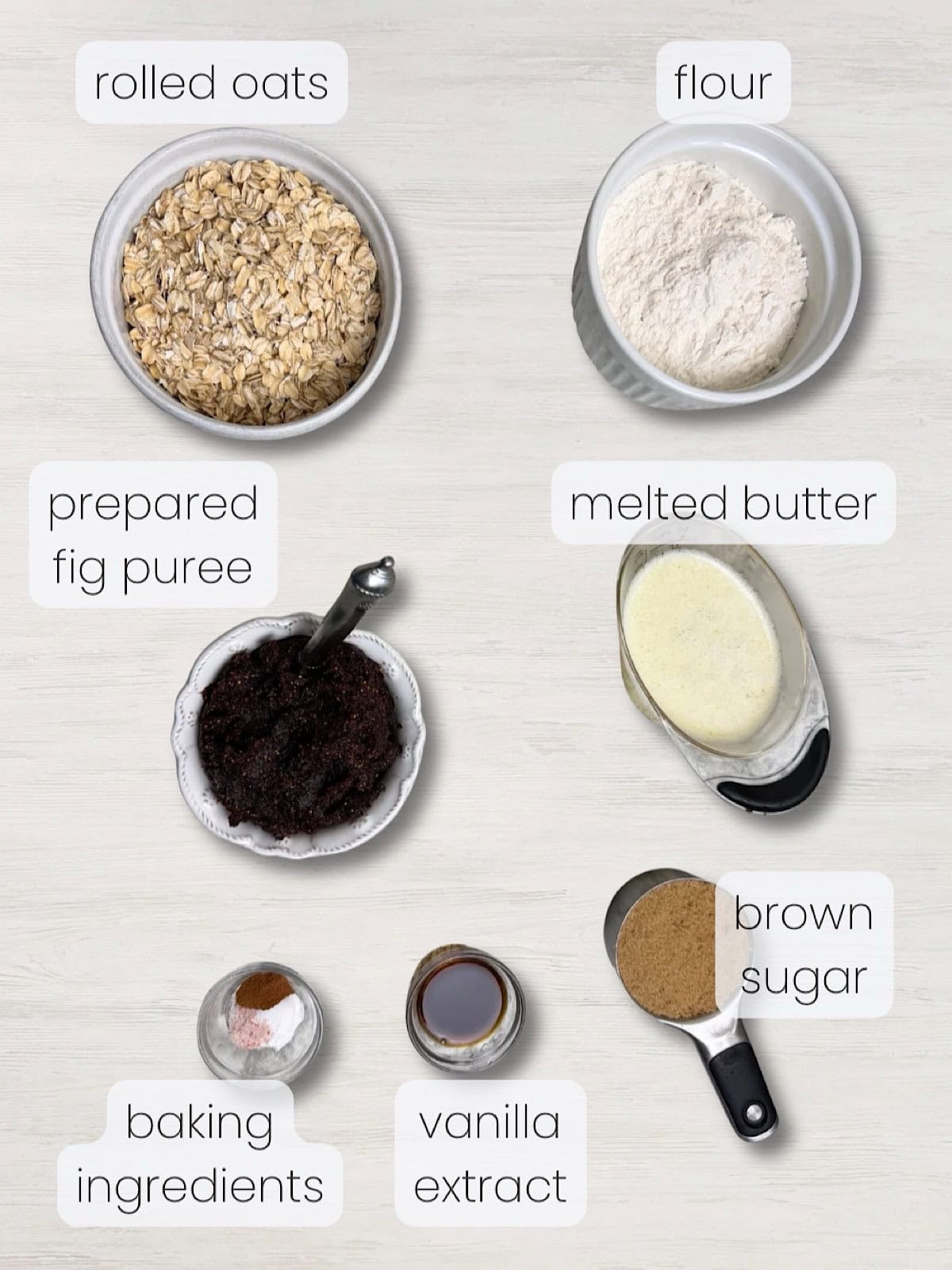 A labeled image of everything needed to make this fig oatmeal bar recipe.