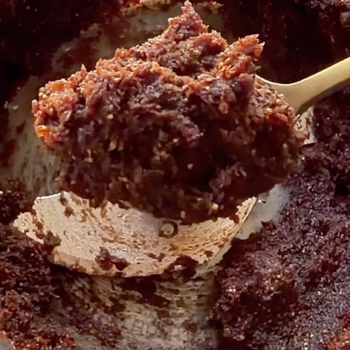 Holding a spoonful of fig puree from the food processor to show texture.