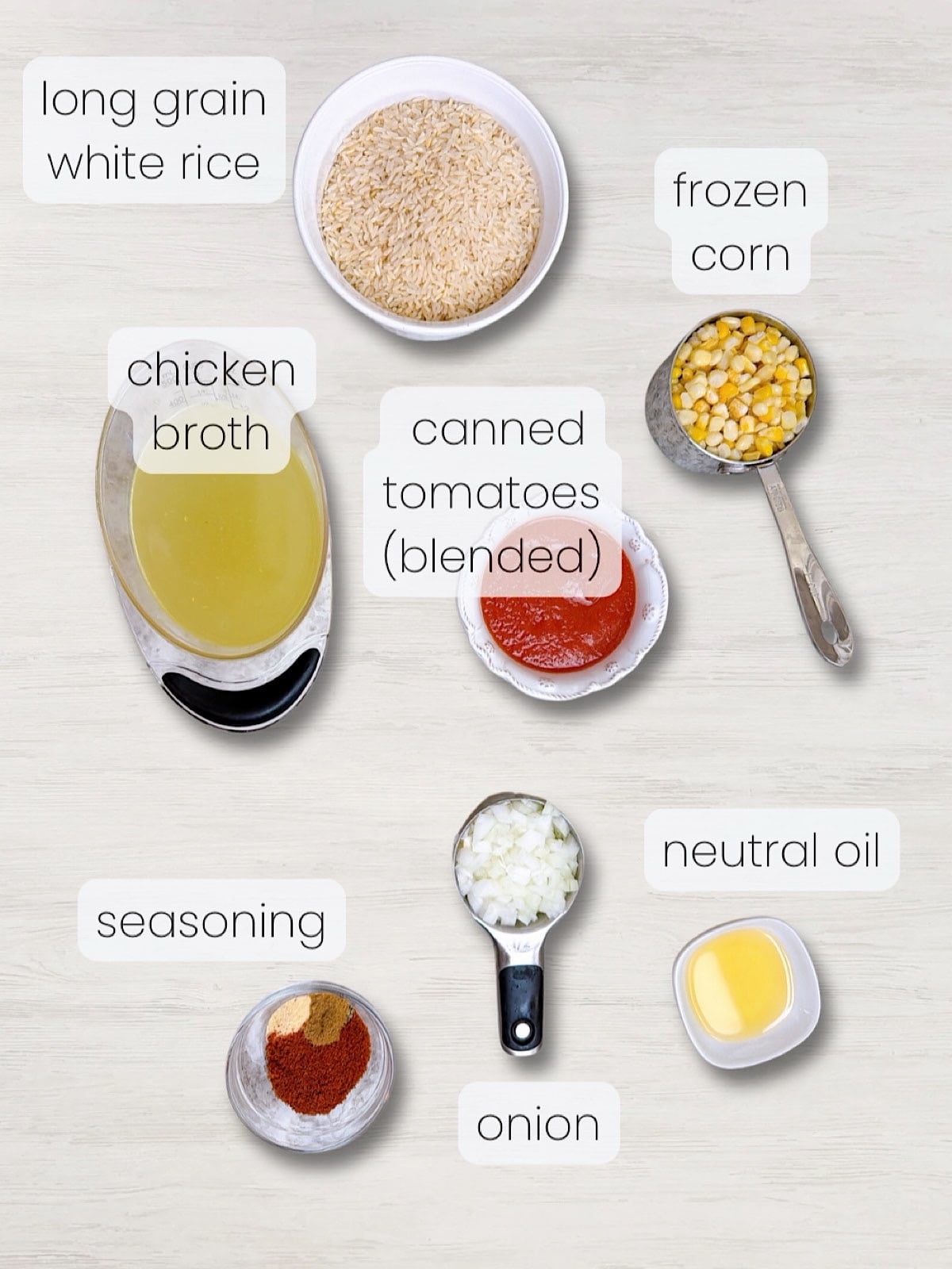 A labeled image of everything needed to make Mexican rice with corn.