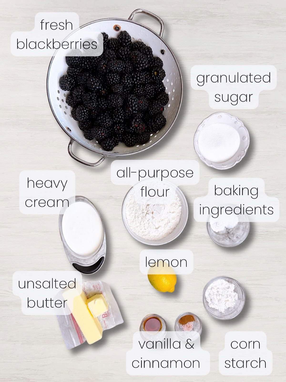 A labeled image of everything needed to make Southern blackberry cobbler.