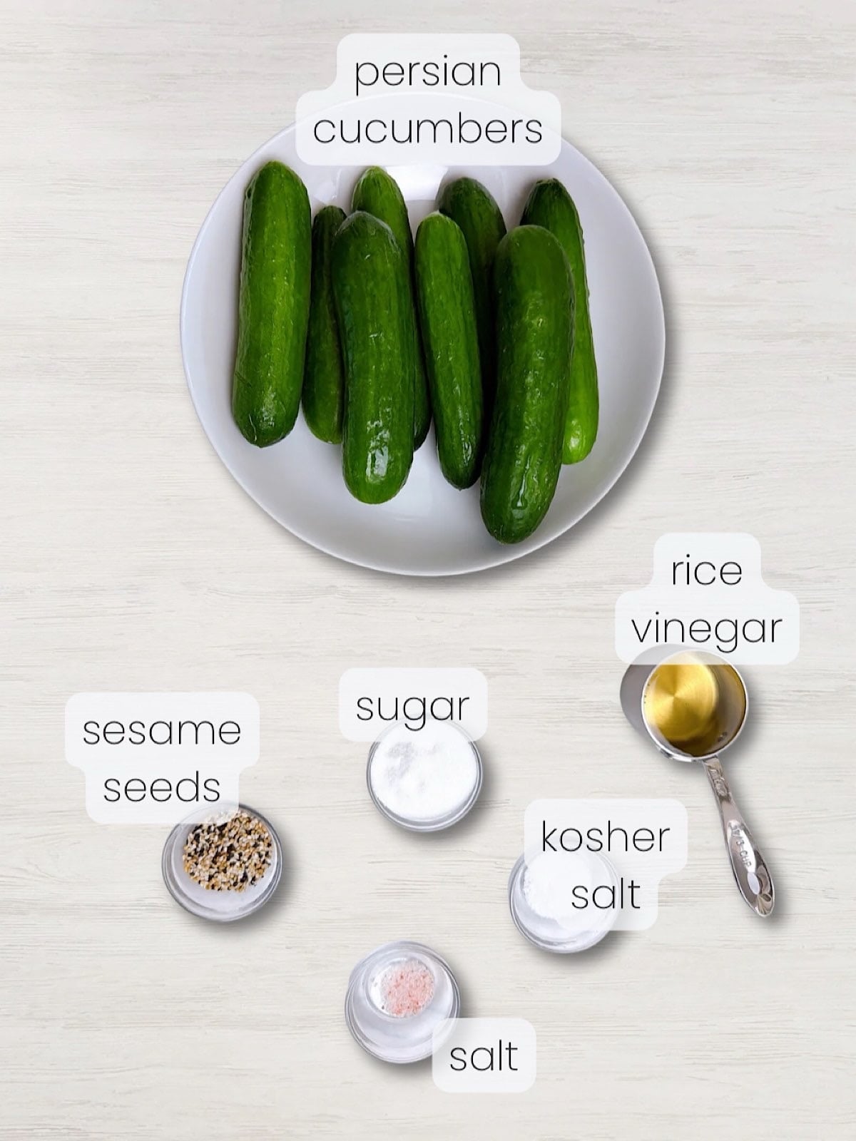 A labeled image of everything needed to make a sunomono salad recipe.