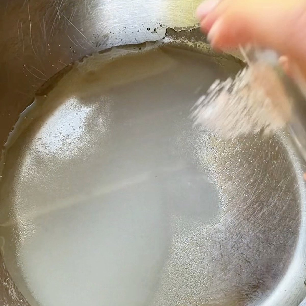 Adding salt to vinegar and sugar dressing.