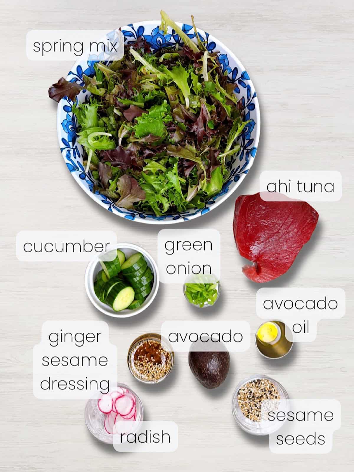 A labeled image of everything needed to make a seared ahi tuna salad recipe.