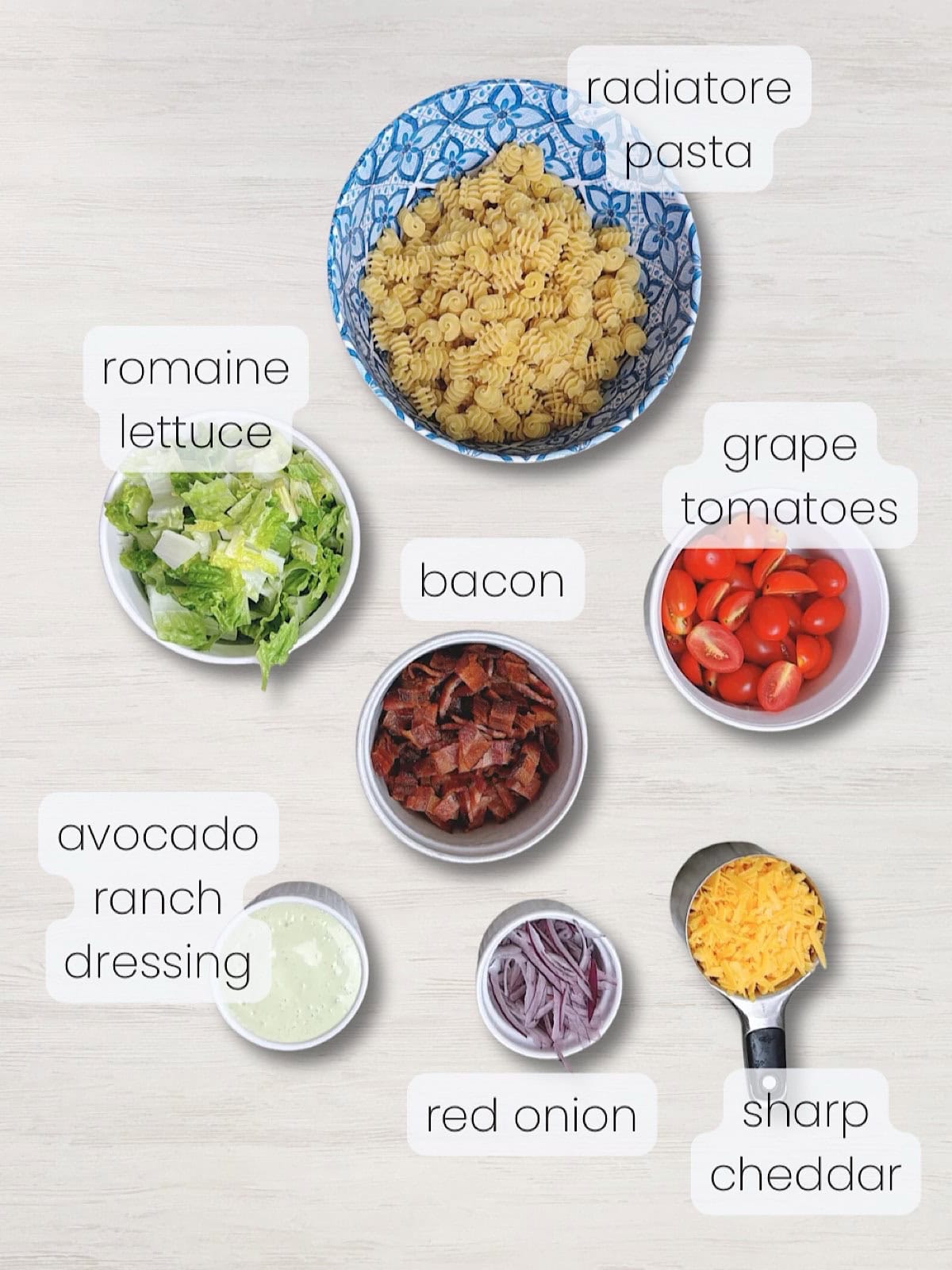 A labeled image of ingredients needed to make this BLT pasta salad recipe.