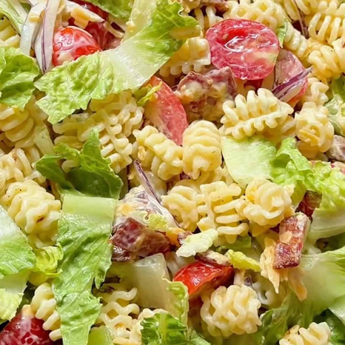 BLT pasta salad tossed with creamy avocado ranch dressing.