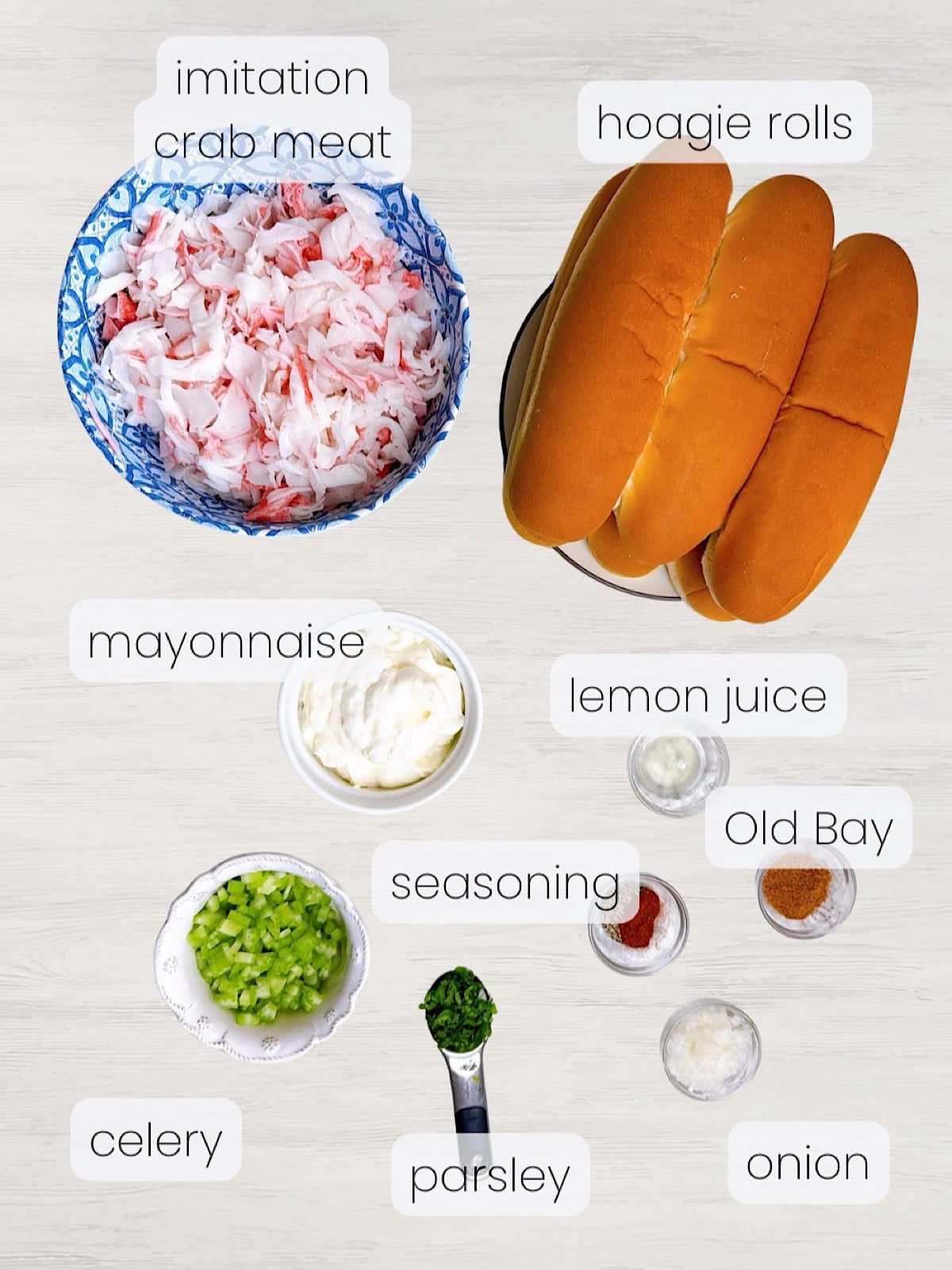 A labeled image of ingredients needed to make a crab salad sandwich recipe.