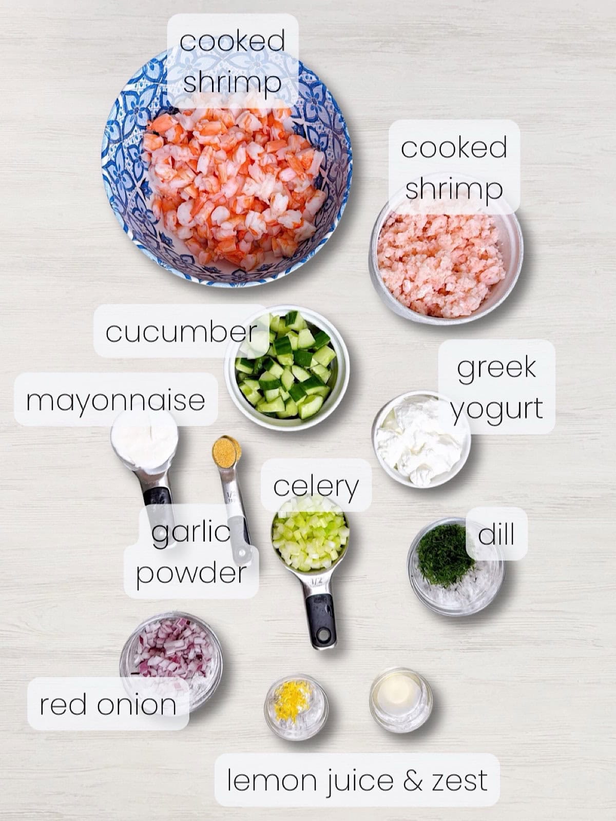 A labeled image of ingredients needed to make Creamy cucumber shrimp salad with Greek yogurt.
