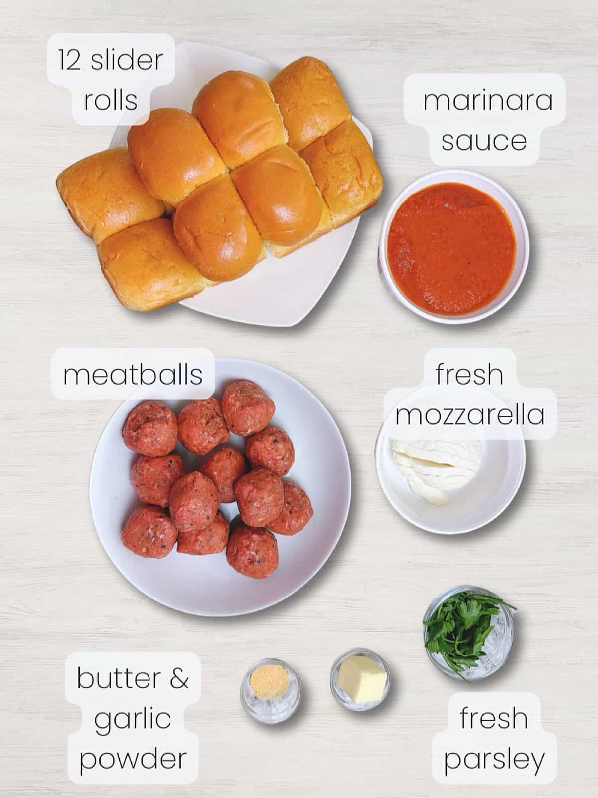 A labeled image of everything needed to make easy meatball sliders with marinara and mozzarella.