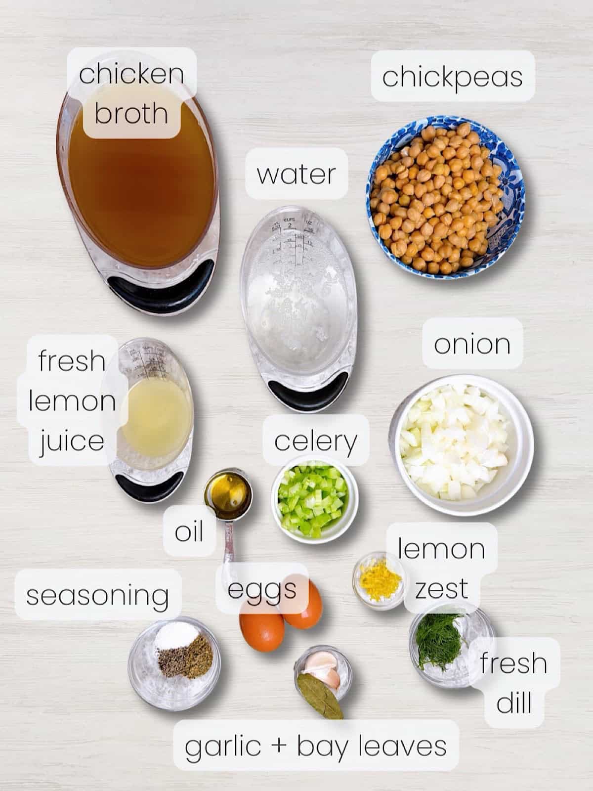 A labeled image of everything needed to make Greek chickpea soup with lemon (Revithia)
