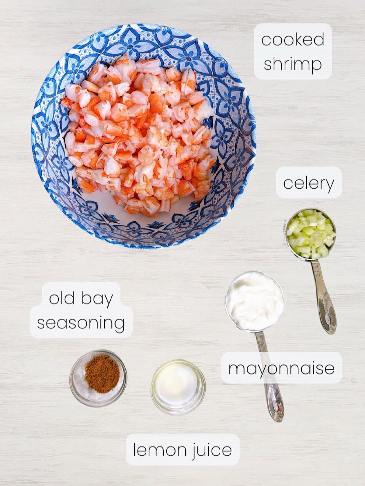 A labeled image of the ingredients needed to make Old Bay Shrimp Salad.