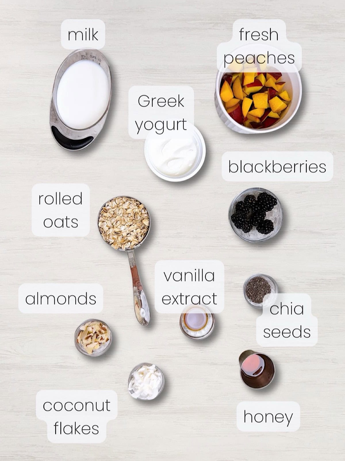 A labeled image of all ingredients needed to make peaches and cream overnight oats.