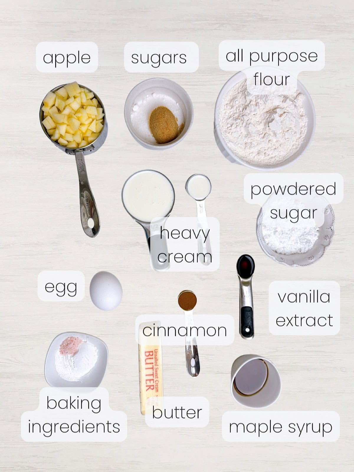 A labeled image of everything needed to make apple cinnamon scones with maple glaze.