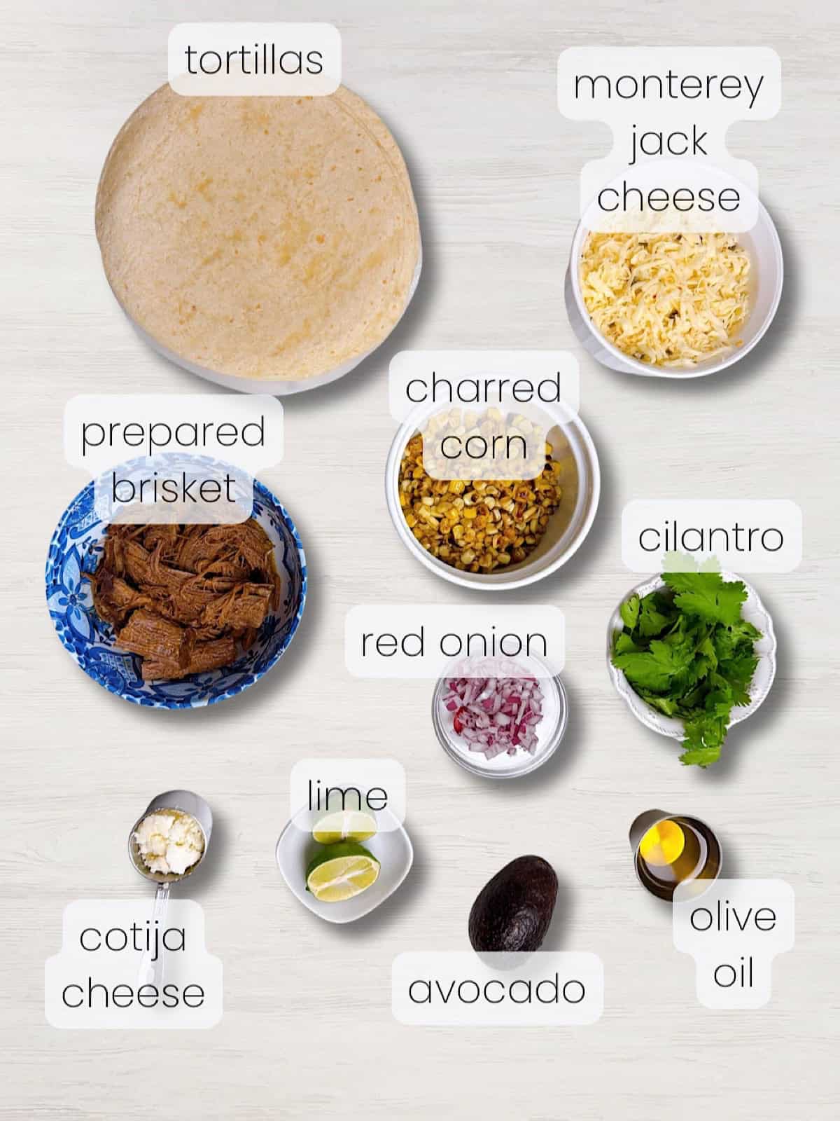 A labeled image of all ingredients needed to make brisket tacos.
