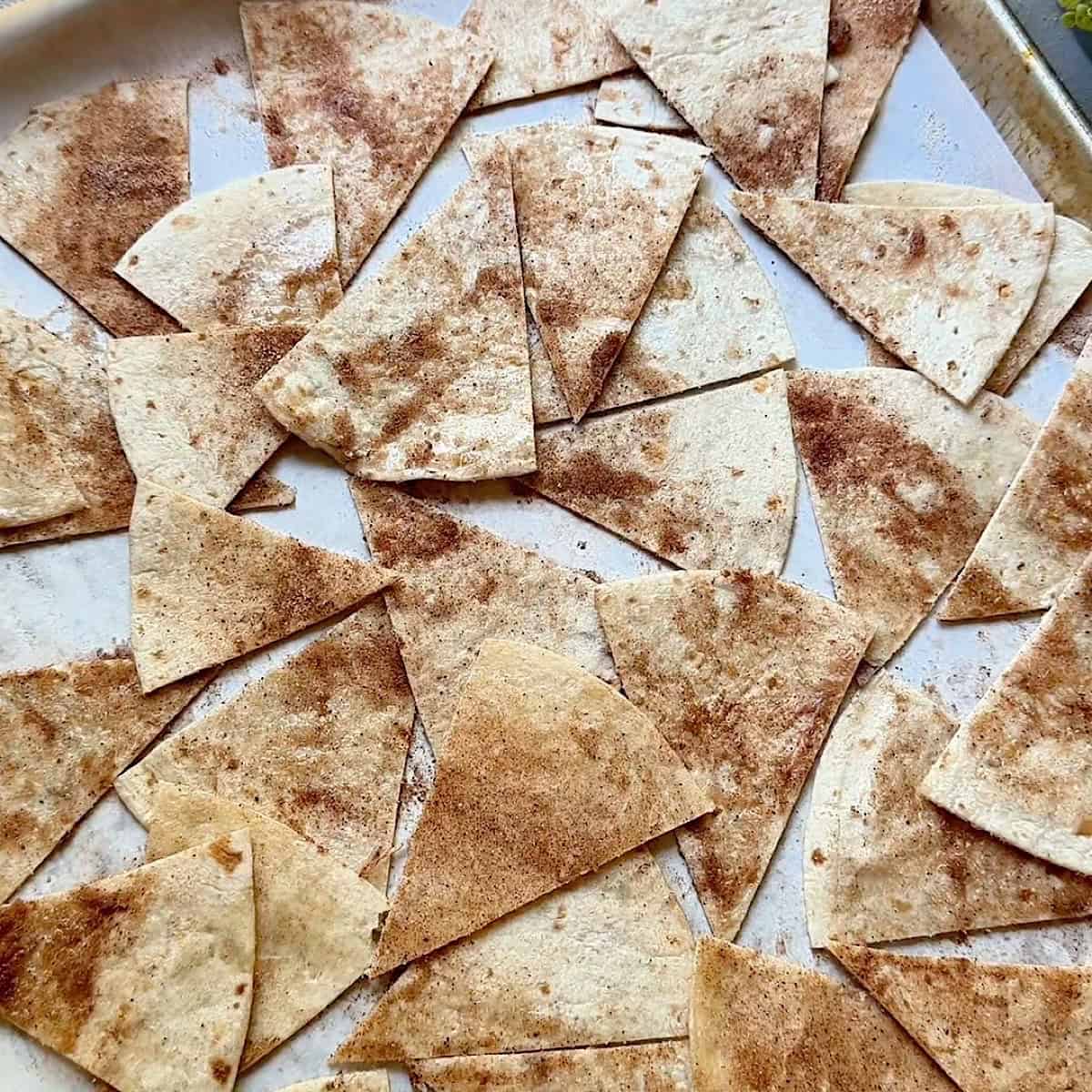 Cinnamon sugar chips cut into wedges and ready to bake.