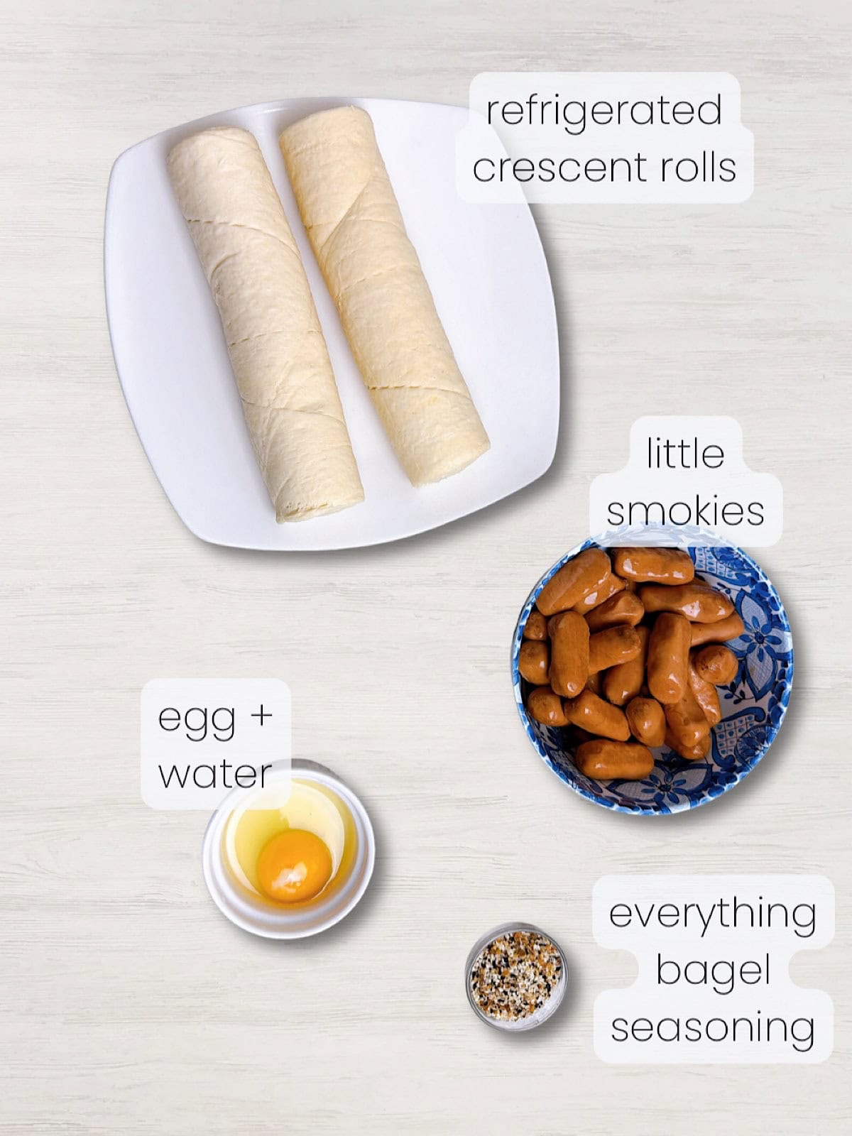 A labeled image of ingredients needed to make everything bagel pigs in a blanket.