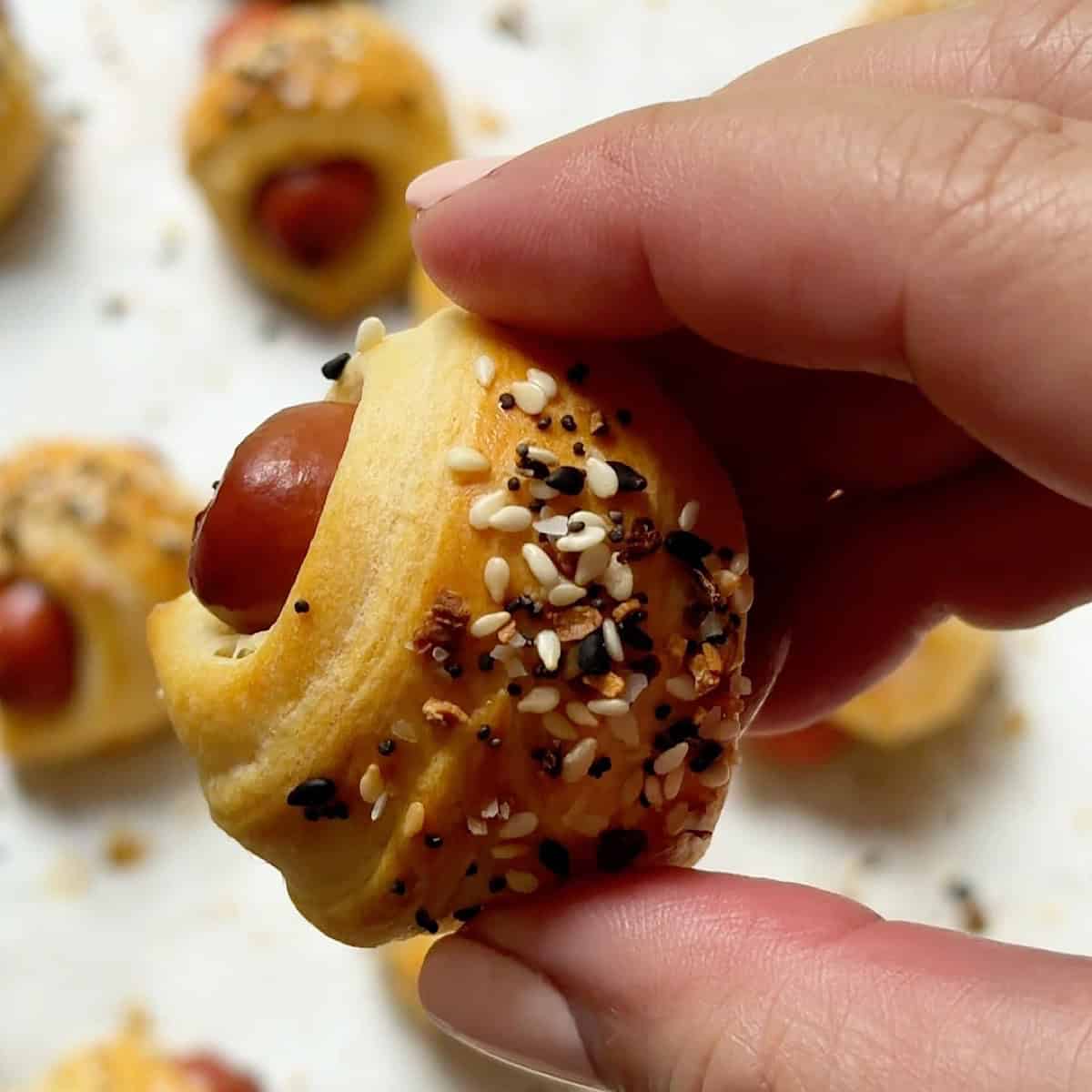 Holding one baked golden brown pig in a blanket.