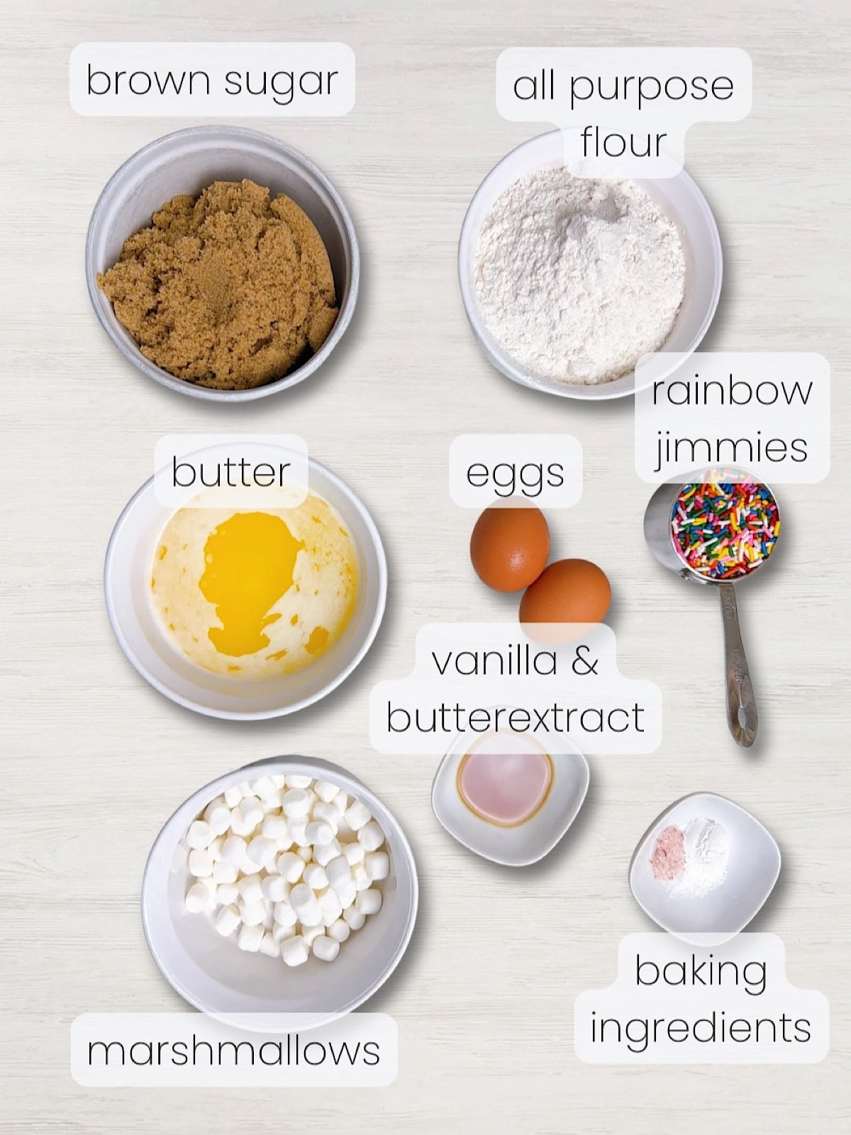 A labeled image of every ingredient needed to make frosted funfetti blondies.