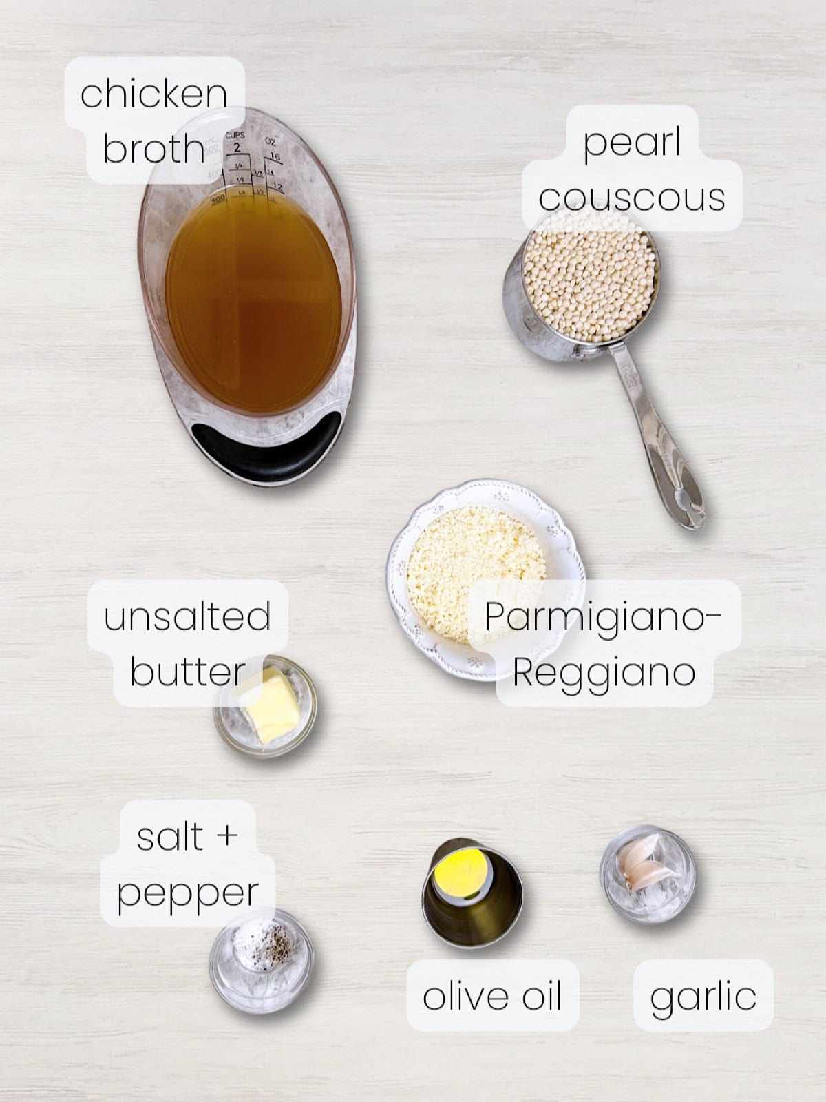 A labeled image of everything needed to make Garlic Parmesan Couscous.
