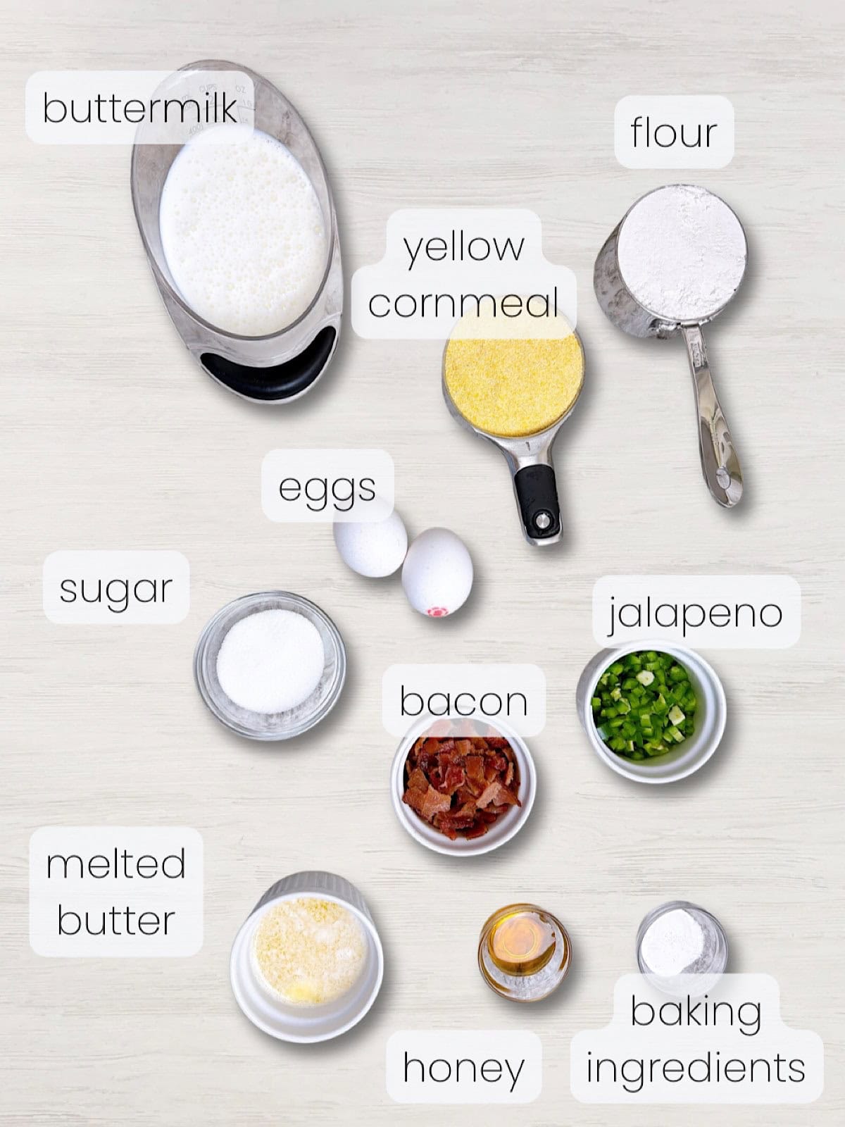 A labeled image of everything needed to make bacon jalapeno cornbread waffles.