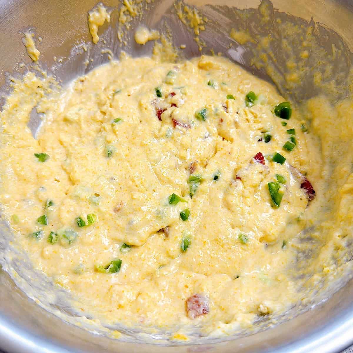 Bacon and jalapeno folded into the wet cornmeal waffle batter.