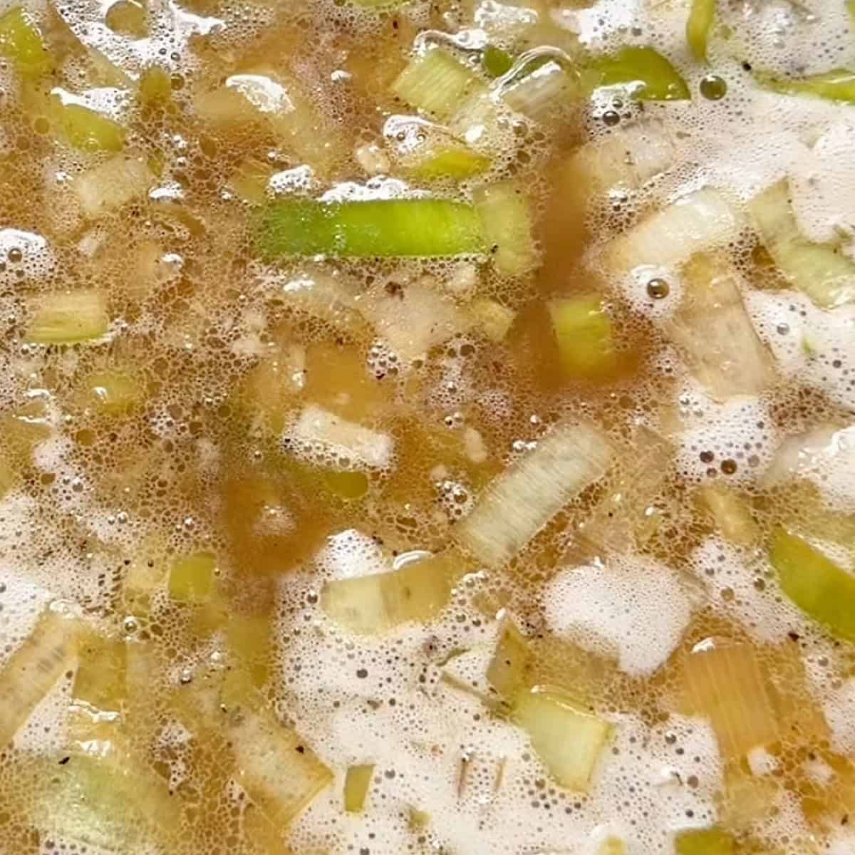 Simmered potatoes with chicken broth, leeks, and celery.