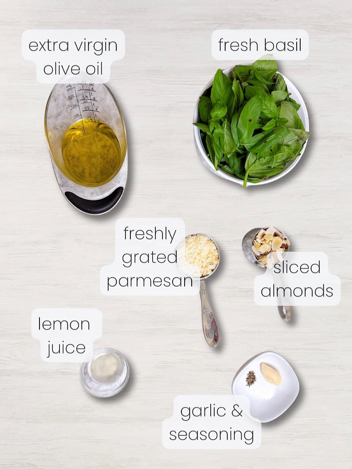 A labeled image of everything needed to make basil pesto without pine nuts.