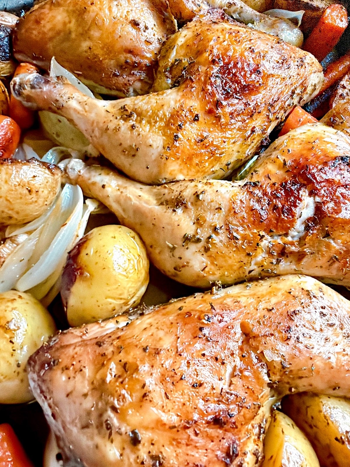 Herb roasted chicken with carrots and potatoes nestled into a roasting pan.