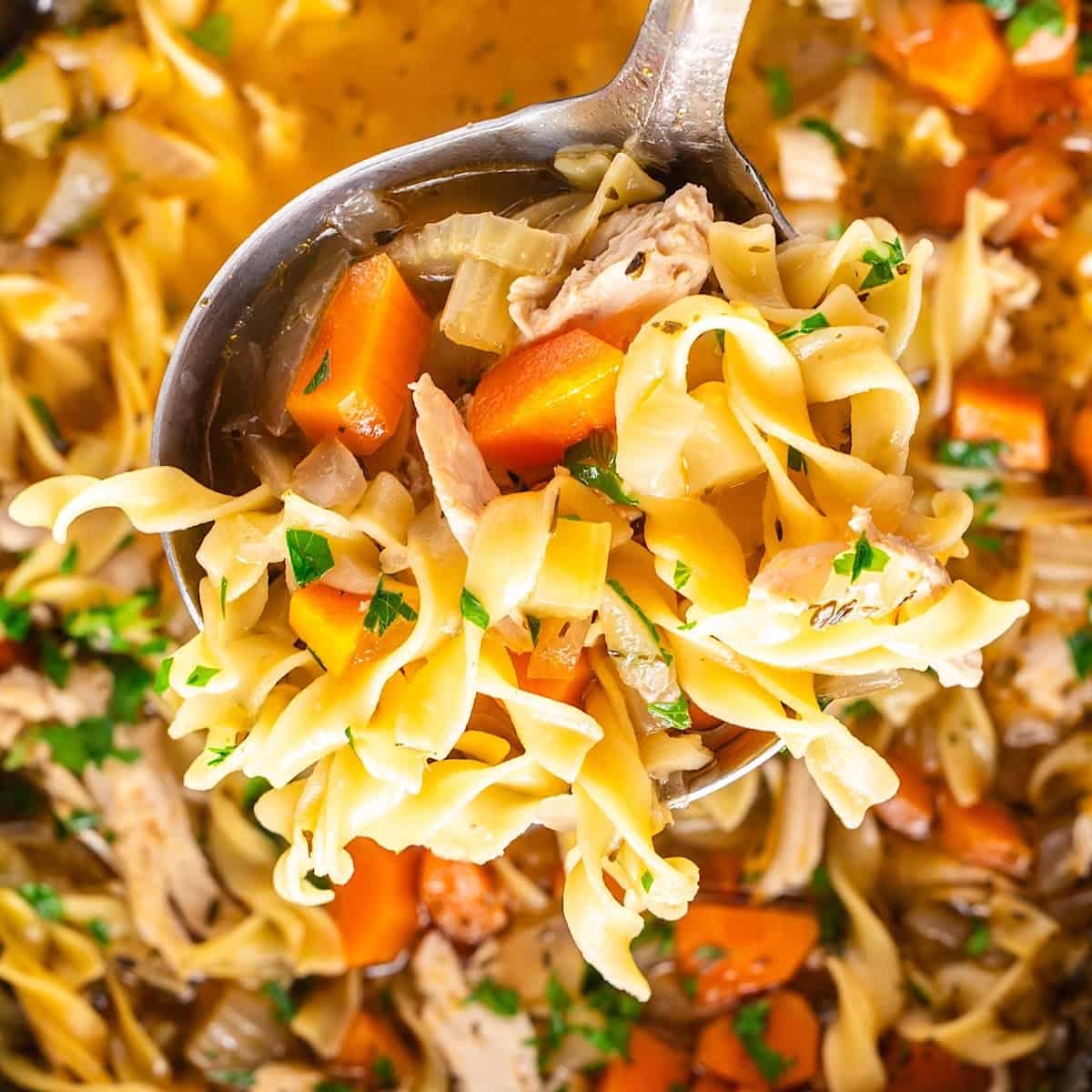 A ladle of turkey noodle soup being held over the slow cooker.
