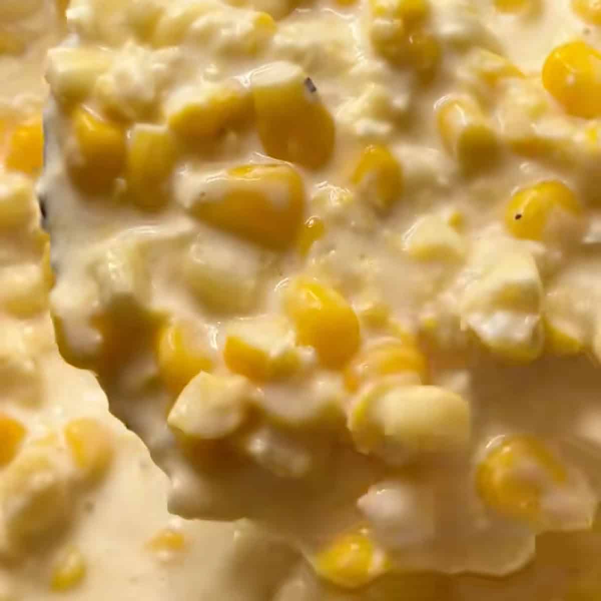 A ladle of creamed corn above the slow cooker showing the creamy texture.