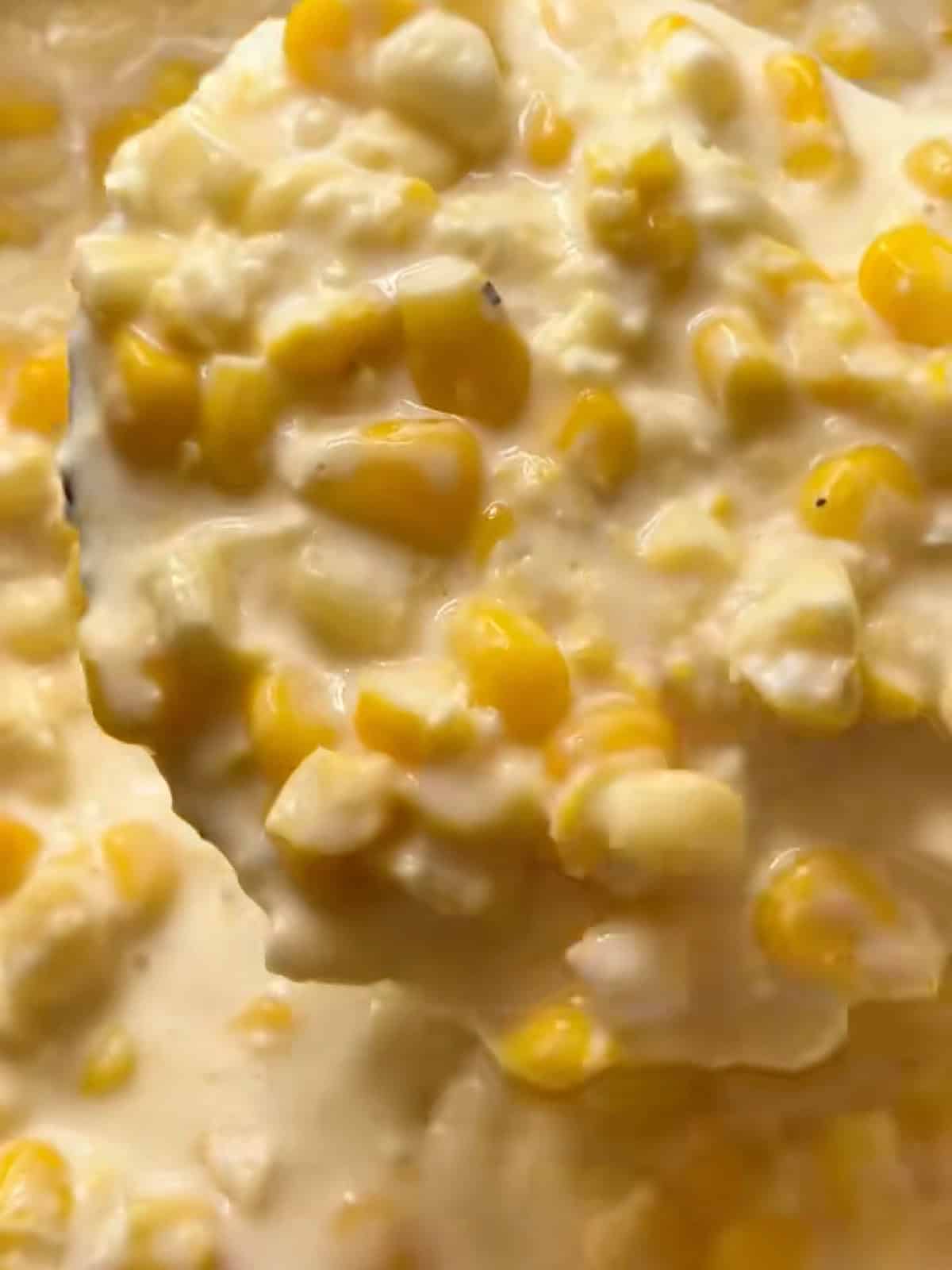A ladle of creamed corn above the slow cooker showing the creamy texture.