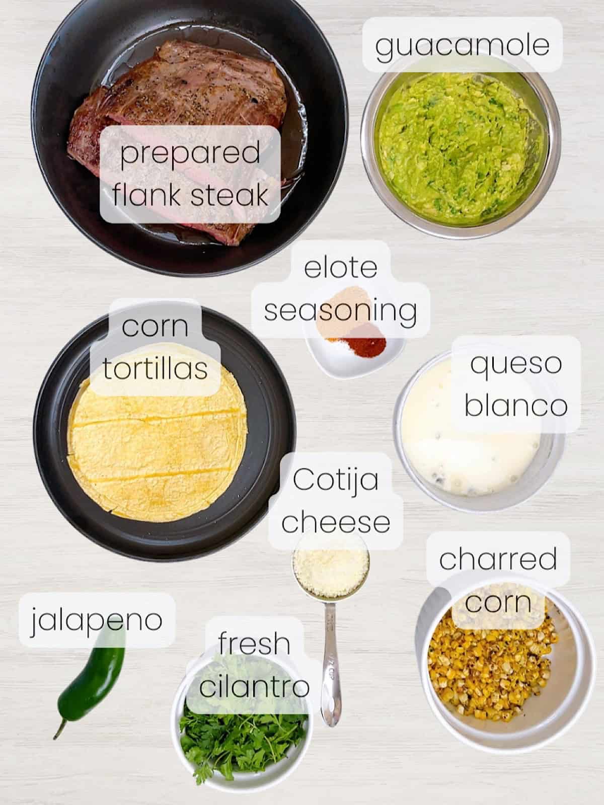 A labeled image of ingredients needed to make steak elote nachos.