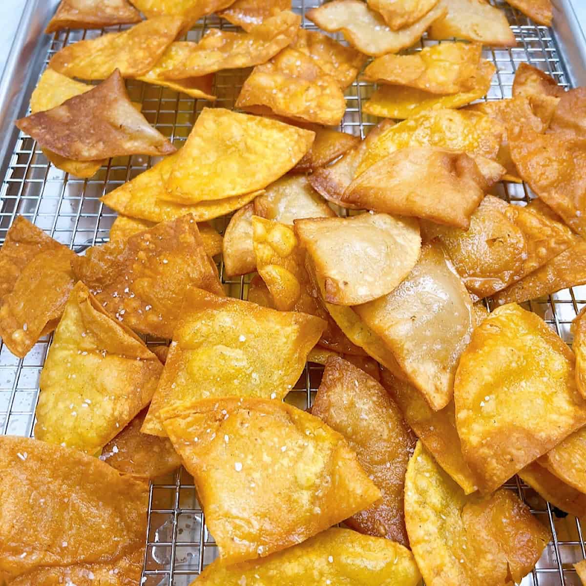 Fried tortilla chips on a wire rack.