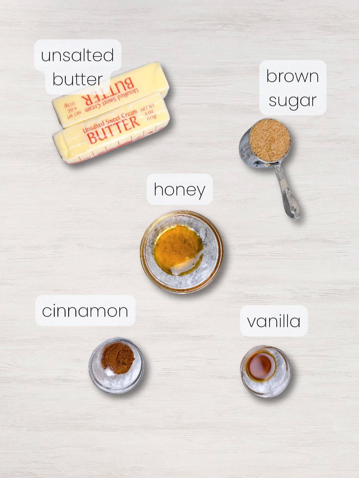 A labeled image of everything needed to make whipped brown sugar cinnamon butter.