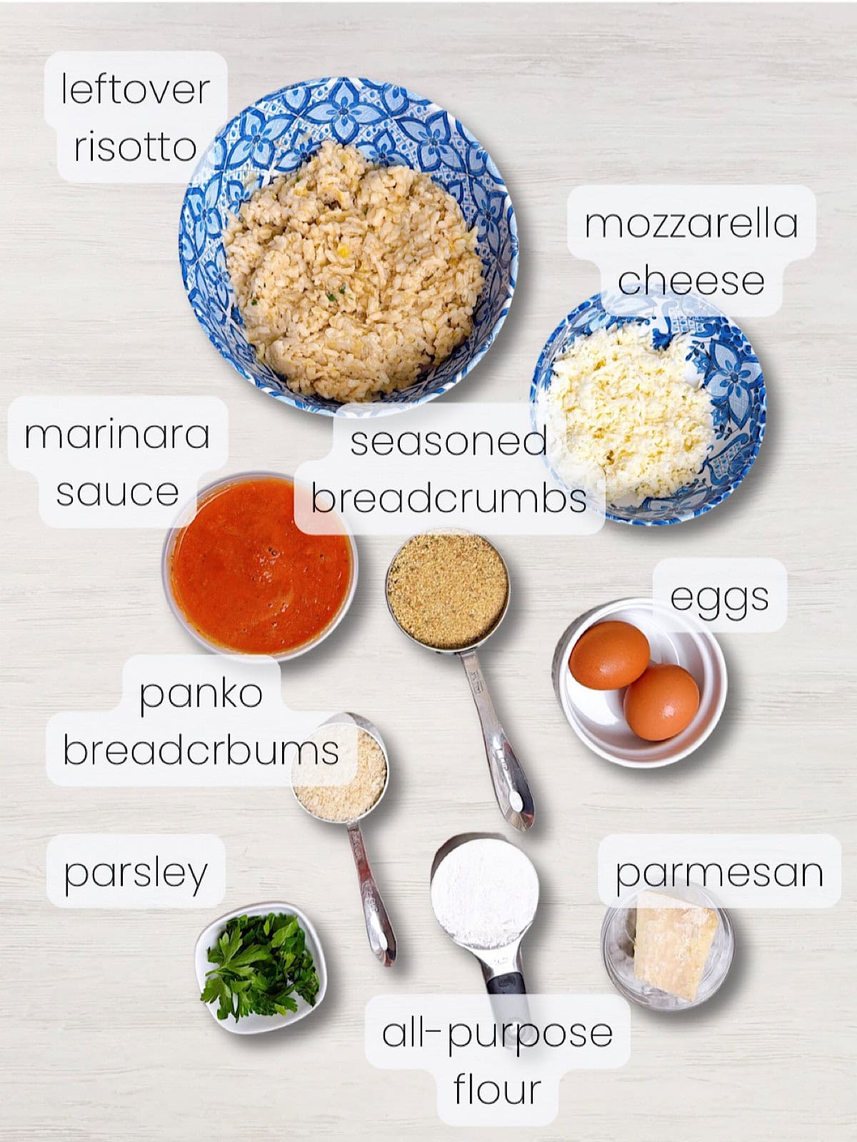 A labeled image of everything needed to make arancini with leftover risotto.