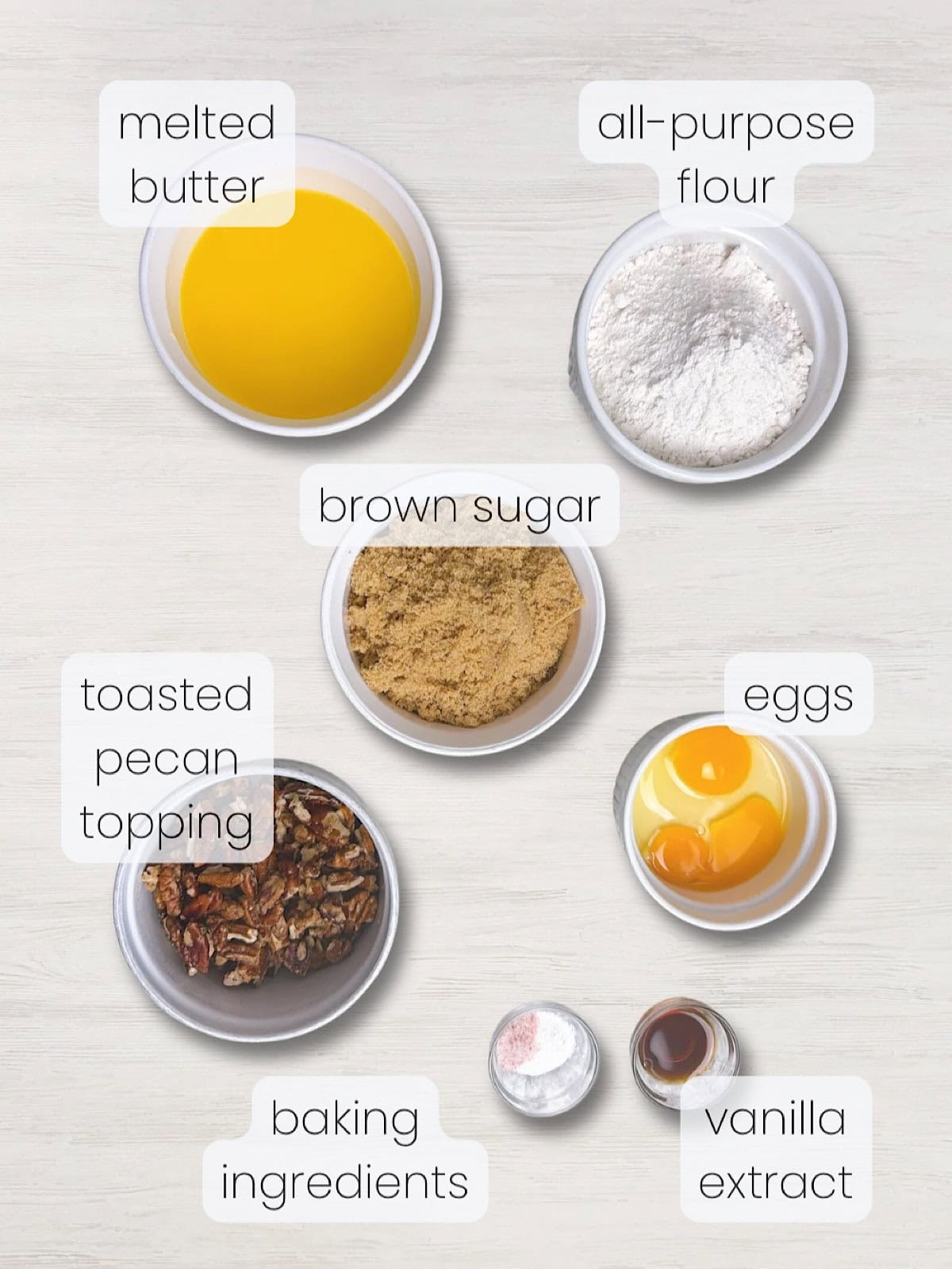 A labeled image of everything needed to make butter pecan blondies.