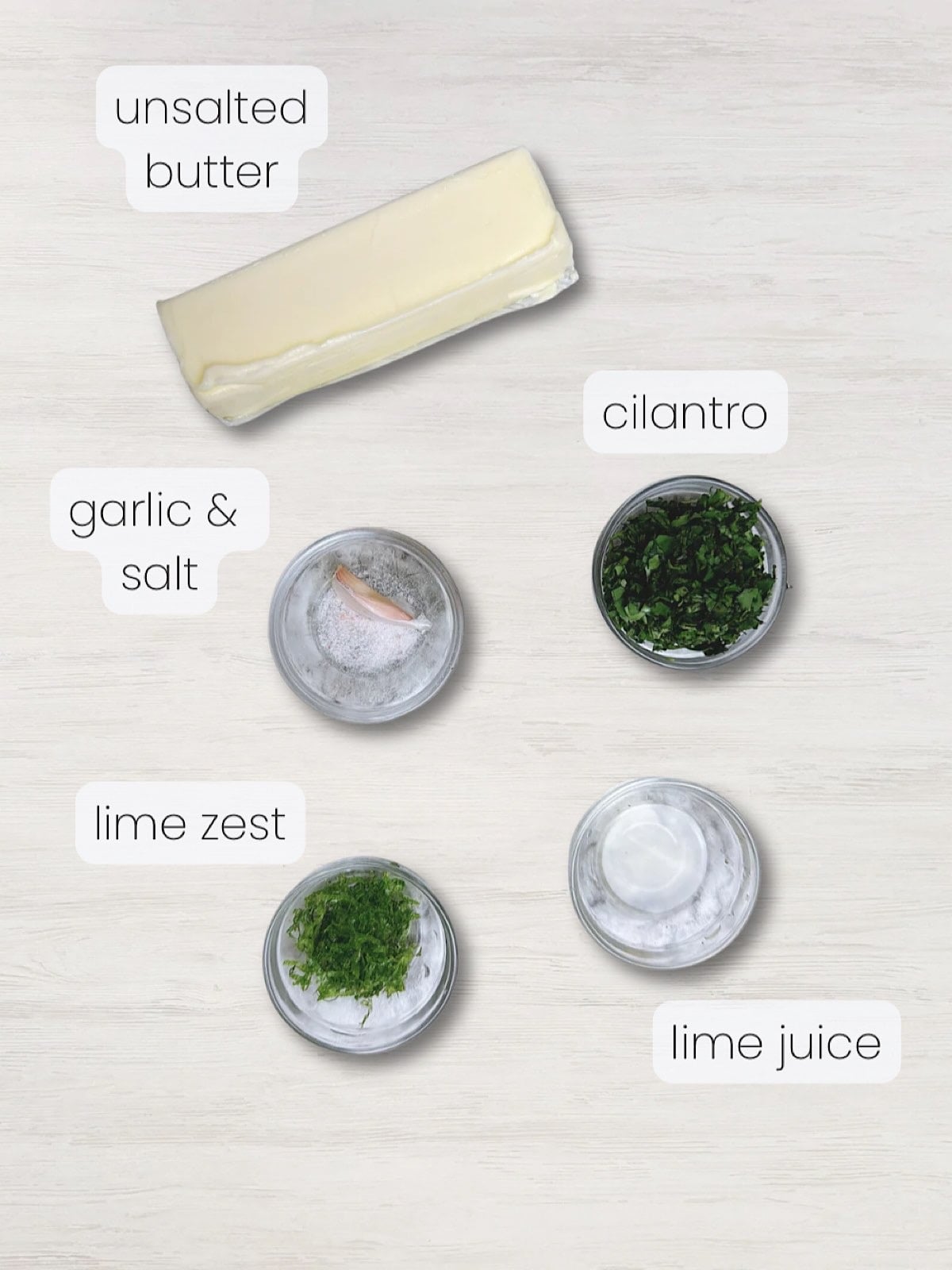 A labeled image of everything needed to make cilantro lime compound butter.
