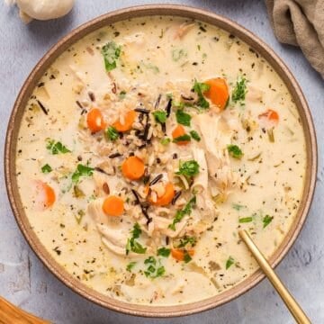 Creamy chicken and wild rice soup in brown bowl.