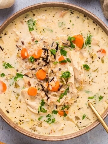 Creamy chicken and wild rice soup in brown bowl.