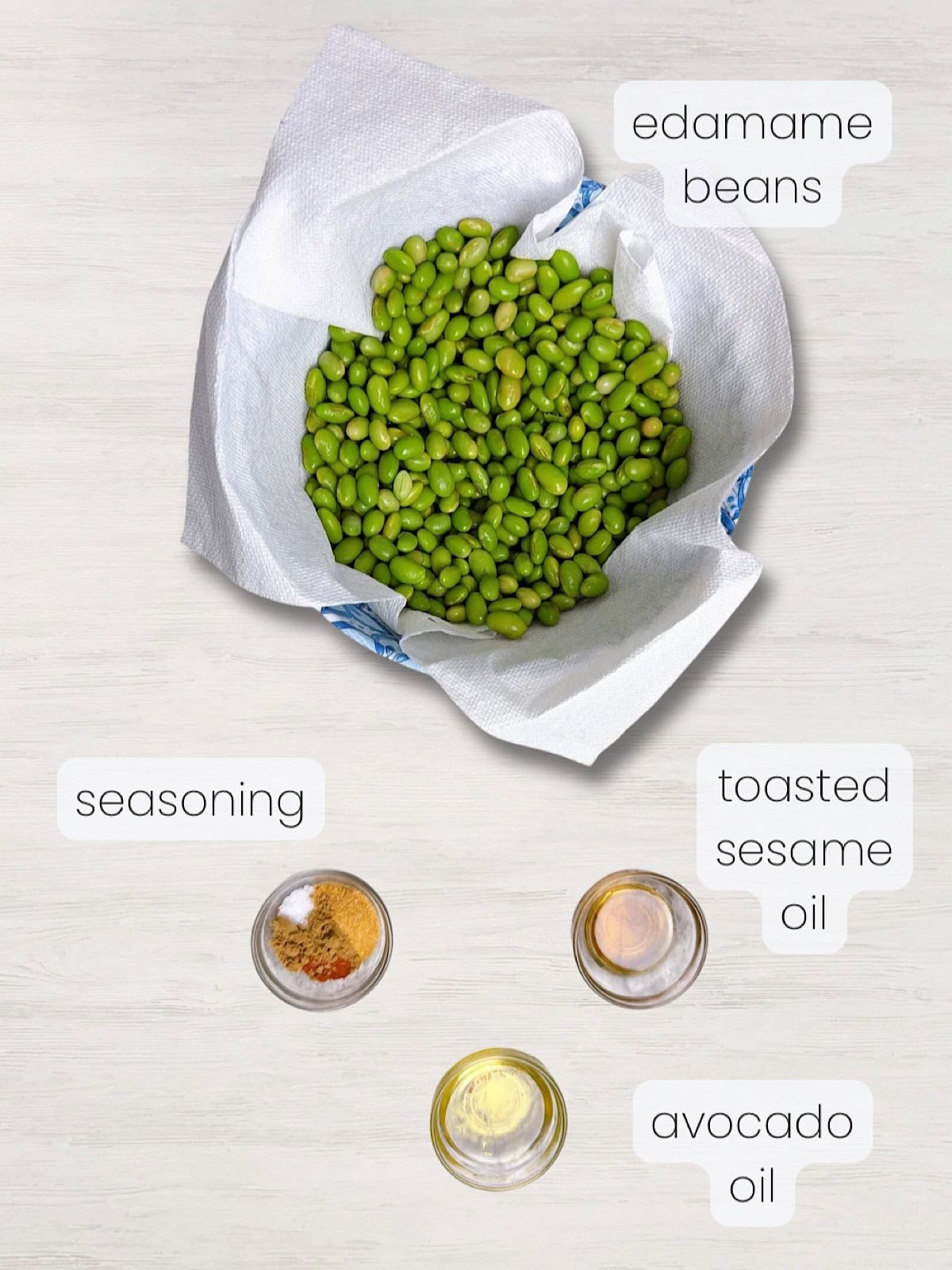 A labeled image of ingredients needed to make crispy roasted edamame.