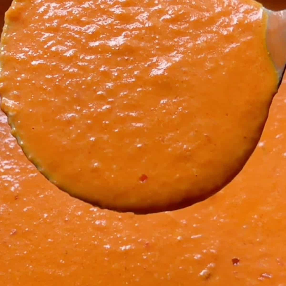 A ladle of finished vodka sauce with cream and parmesan blended to a smooth finish.