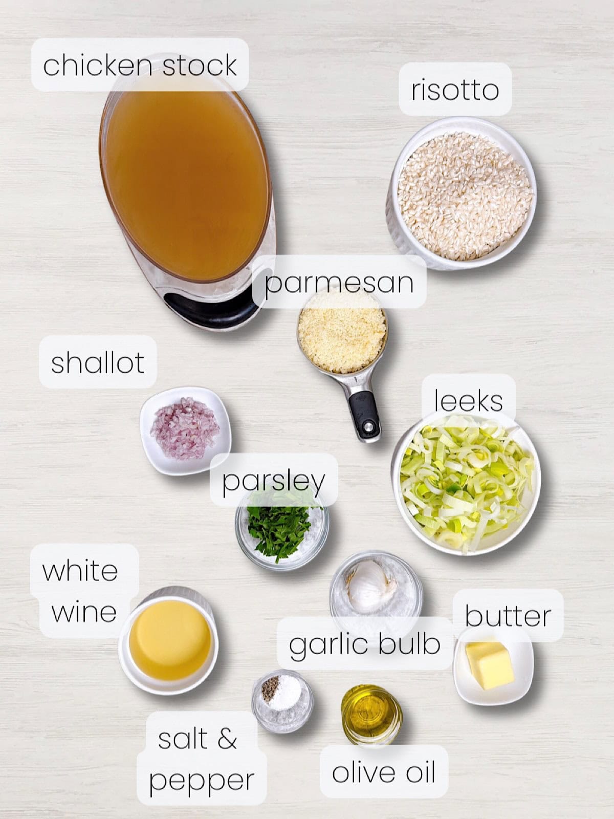 A labeled image of everything needed to make roasted garlic and leek risotto.