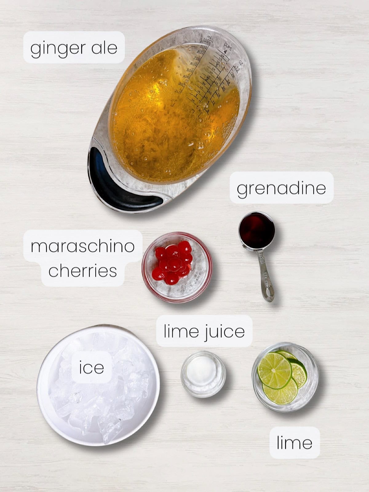A labeled image of ingredients to make a classic shirley temple recipe.