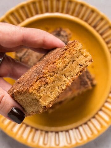 Holding a snickerdoodle blondie over a stack to show texture.