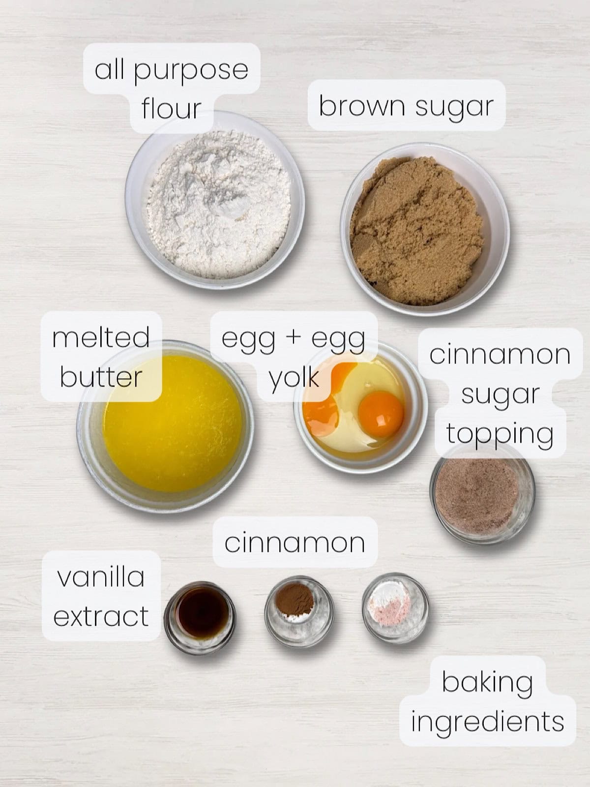 A labeled image of every ingredient needed to make snickerdoodle blondies.